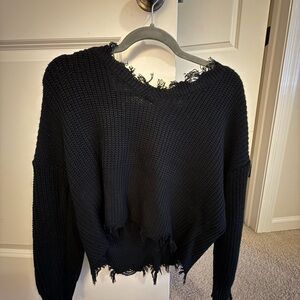 SHEIN Black Distressed V-Neck Sweater